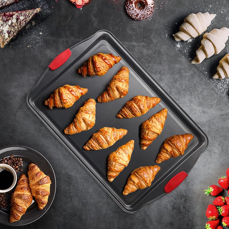 Non-Stick Baking Sheet Set - 3 Piece Carbon Steel with Silicone Handles