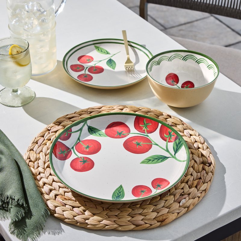 12-Piece Reusable Bamboo Melamine Tableware Set - Tomato Beige