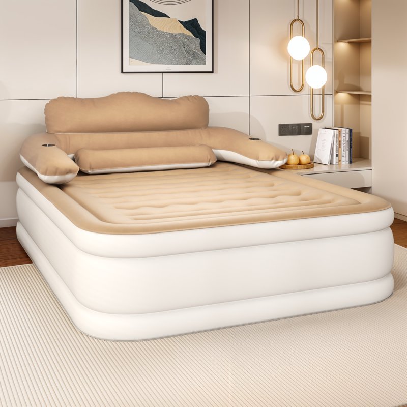 Queen Inflatable Air Bed with Headboard, Pump & Pillow - Brown, Portable