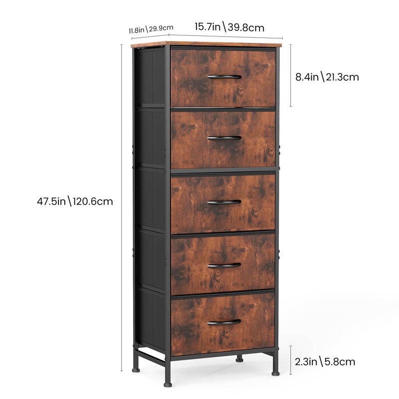 5 Drawer Fabric Dresser with Wooden Top - 5 Drawer Rust