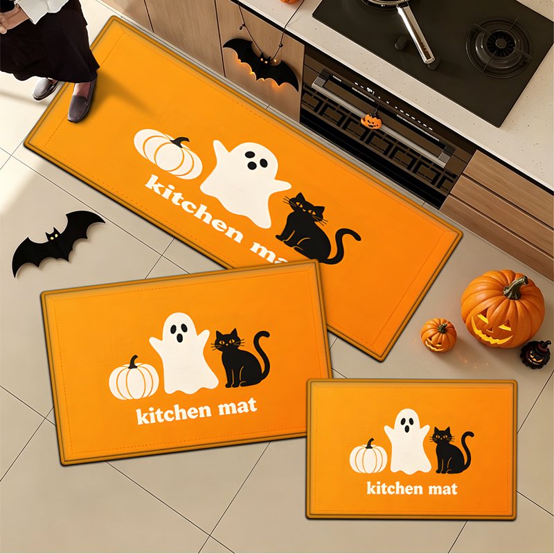 Halloween Orange Ghost Pumpkin Black Cat Flannel Door & Kitchen Mat - 15.7"x23.6"