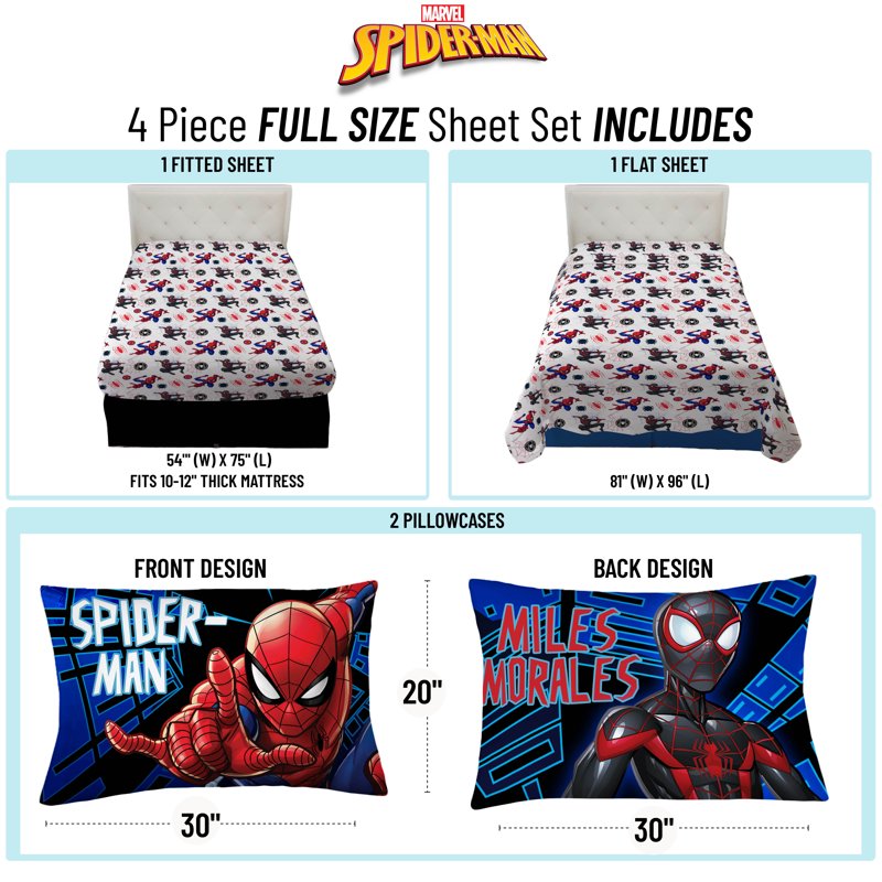 Spider-Man Kids Full Sheet Set - Microfiber Bedding with Reversible Pillowcase