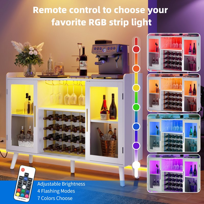 Wine Bar Cabinet with Power Outlet & RGB LED Light - White