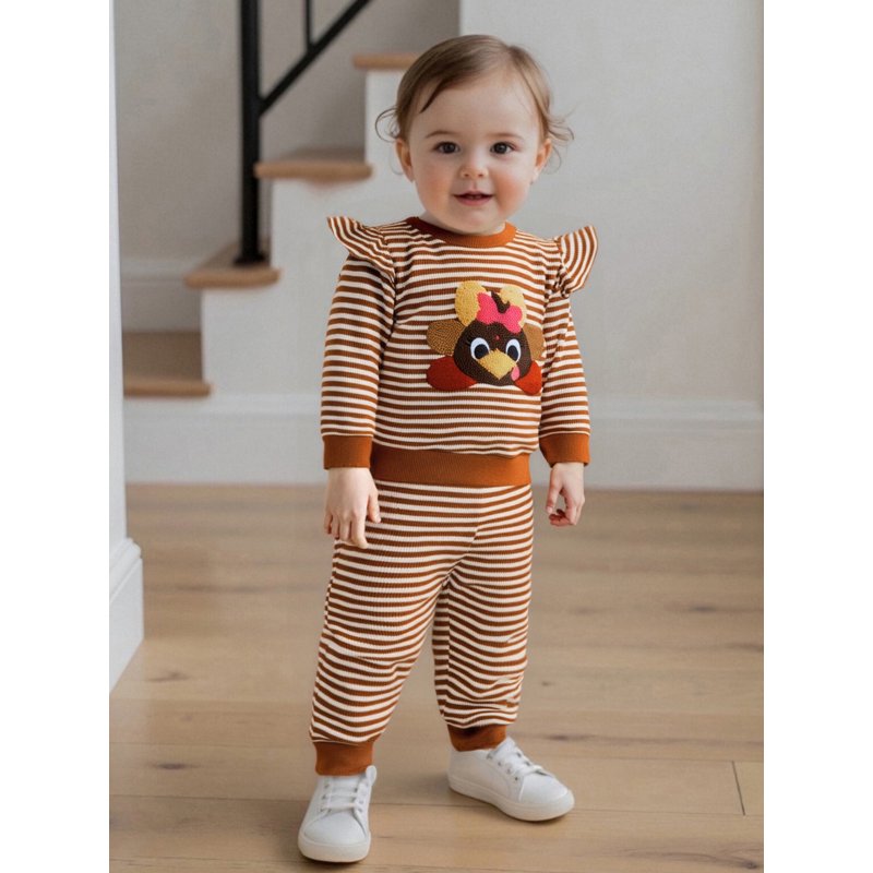 Toddler Girls Pumpkin Embroidery Sweatshirt & Striped Sweatpants Set - Style 32, 2-3 Years