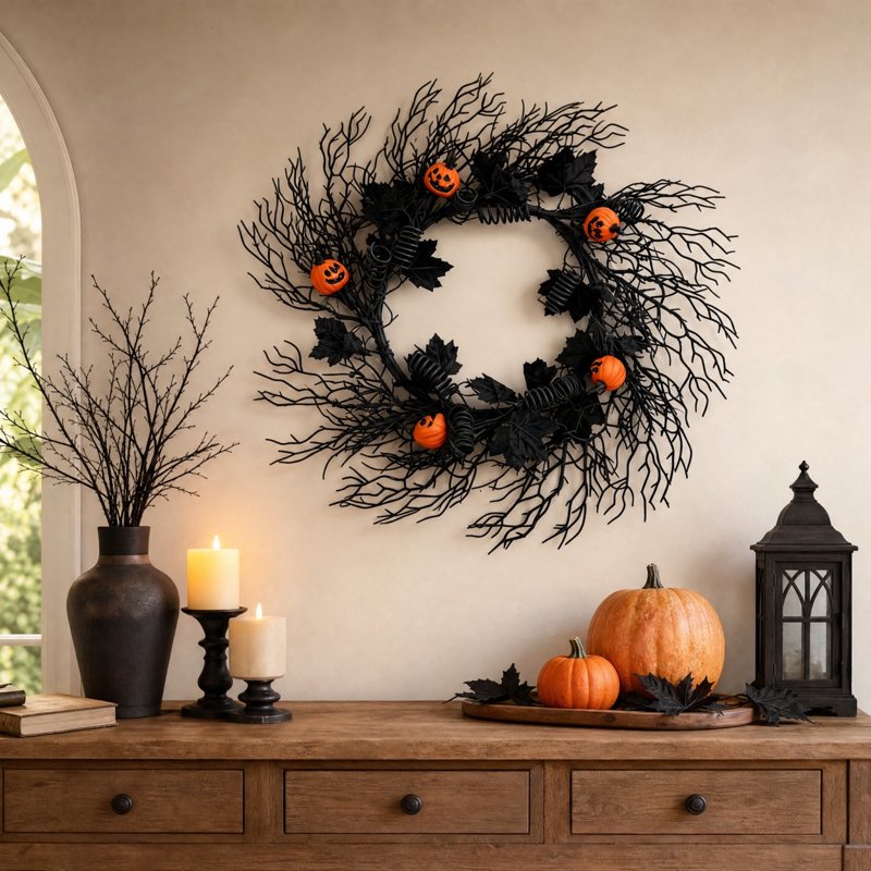 WWC Halloween Wreath 24 Inch Pumpkin and Black Bare Branch Gothic Decor - Variation J