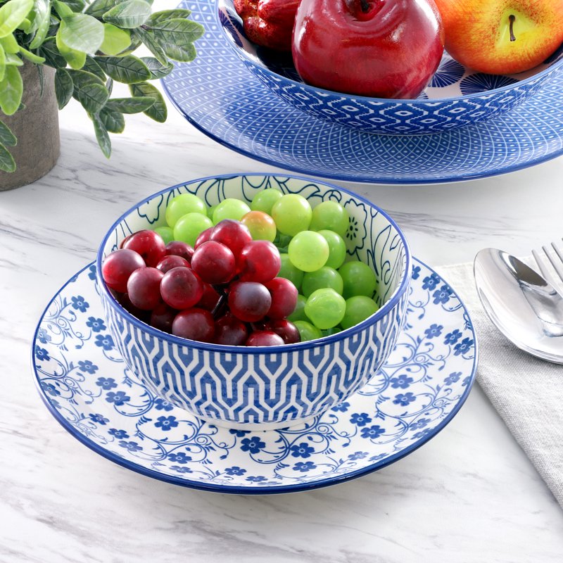 16 Piece Porcelain Double Bowl Dinnerware Set - 4 Pack Blue