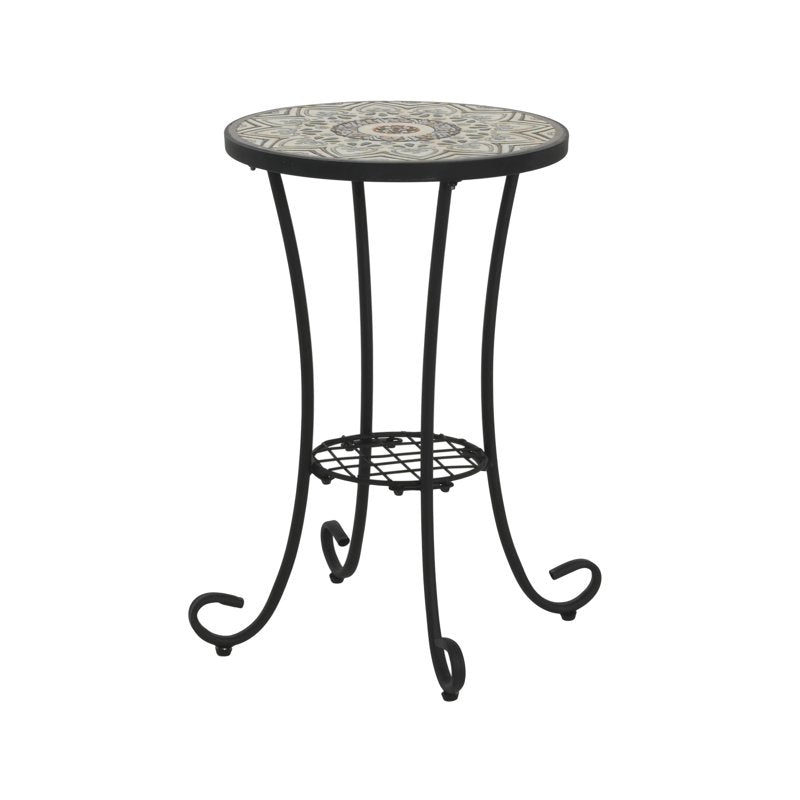 Outdoor Round Side Table with Shelf - Ceramic Tile Top, Iron Frame