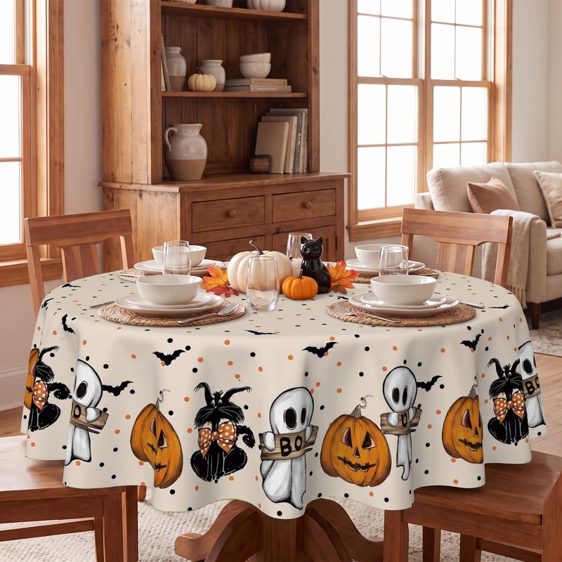 Beige Ghost Pumpkin Bat Halloween Round Tablecloth 60 Inch - Wrinkle-Resistant & Machine Washable