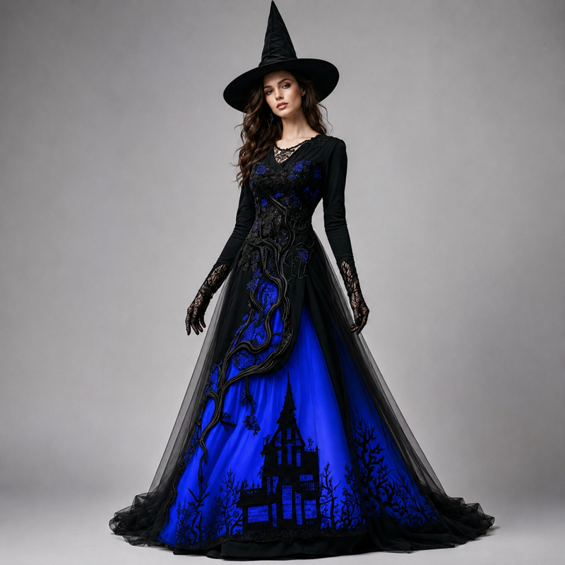 Women's Gothic Halloween Maxi Dress - Blue 2XL Witch Cosplay Costume