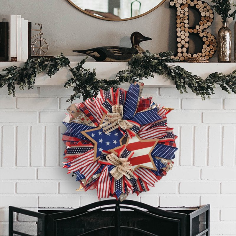 Patriotic 4th of July Wreath for Front Door - Red White Blue Flower Wreath - Variation H