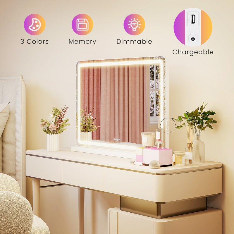 LED Vanity Mirror with Lights, Dimmable 3-Color Touch Makeup Mirror