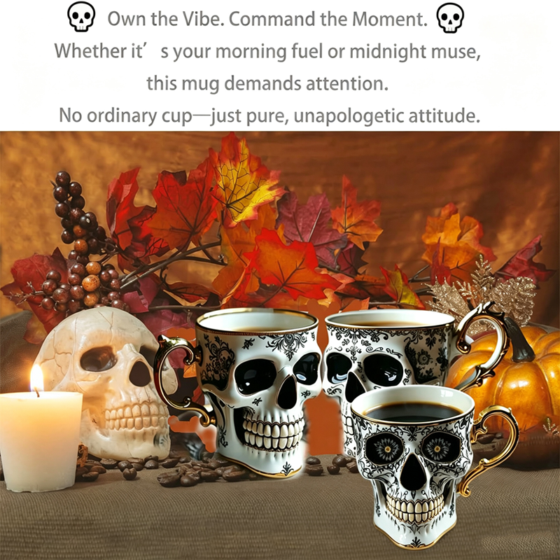 Free Size Gothic Skull Coffee Mug with Gold Trim and Saucer - Halloween Gift for Coffee Lovers