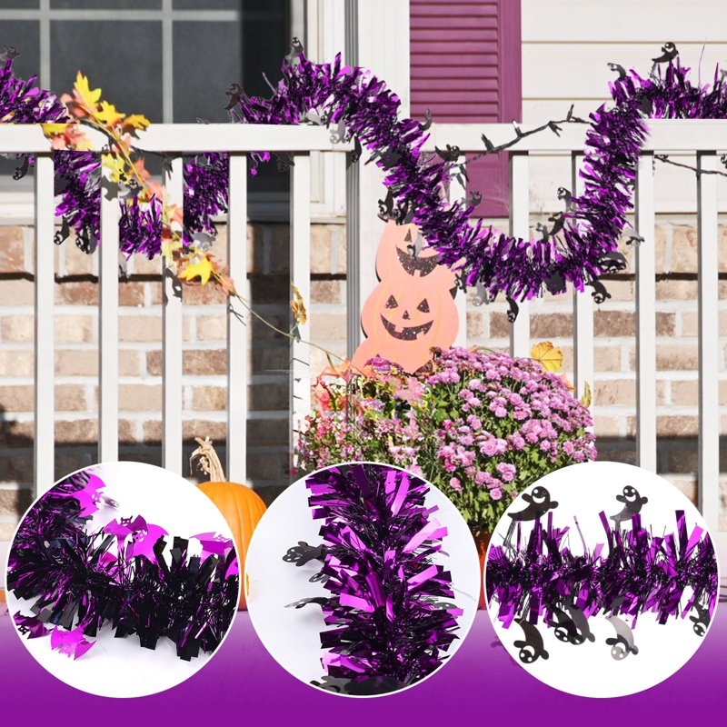 Halloween Gold Foil Garland with Orange Pumpkin Black Spider Purple Bat - 80 Inch Party Decor - Orange, Black, Purple, Gold