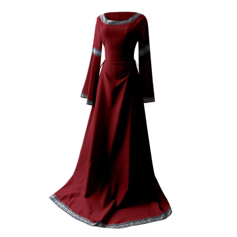 Women Medieval Renaissance Dress Long Sleeve Maxi Gown - Red 5XL