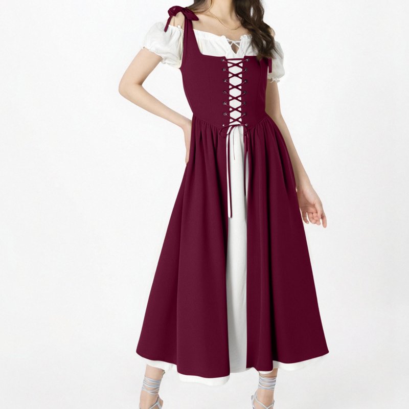 Women’s Renaissance Costume Dress - Vintage Medieval Peasant Style, AA-Wine, S