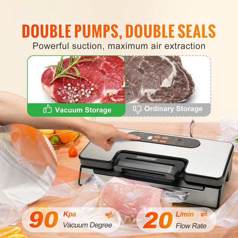 Vacuum Sealer Machine with Dual Pumps & Sealing Strips - 130W