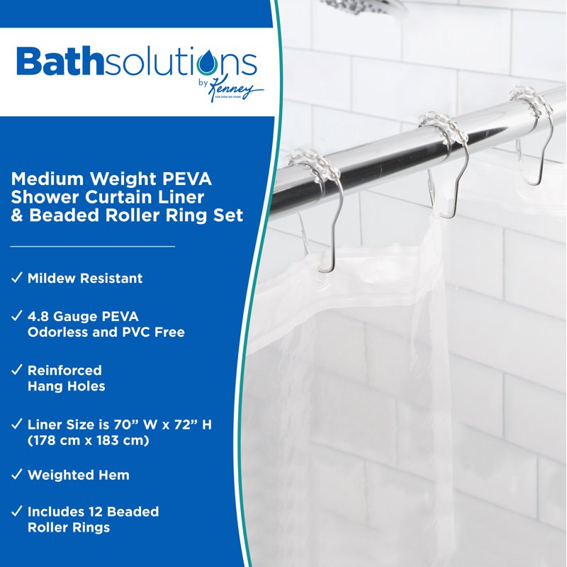 Kenney Medium Weight PEVA Shower Curtain Liner & Beaded Ring Set - Clear, 70x72 Inches