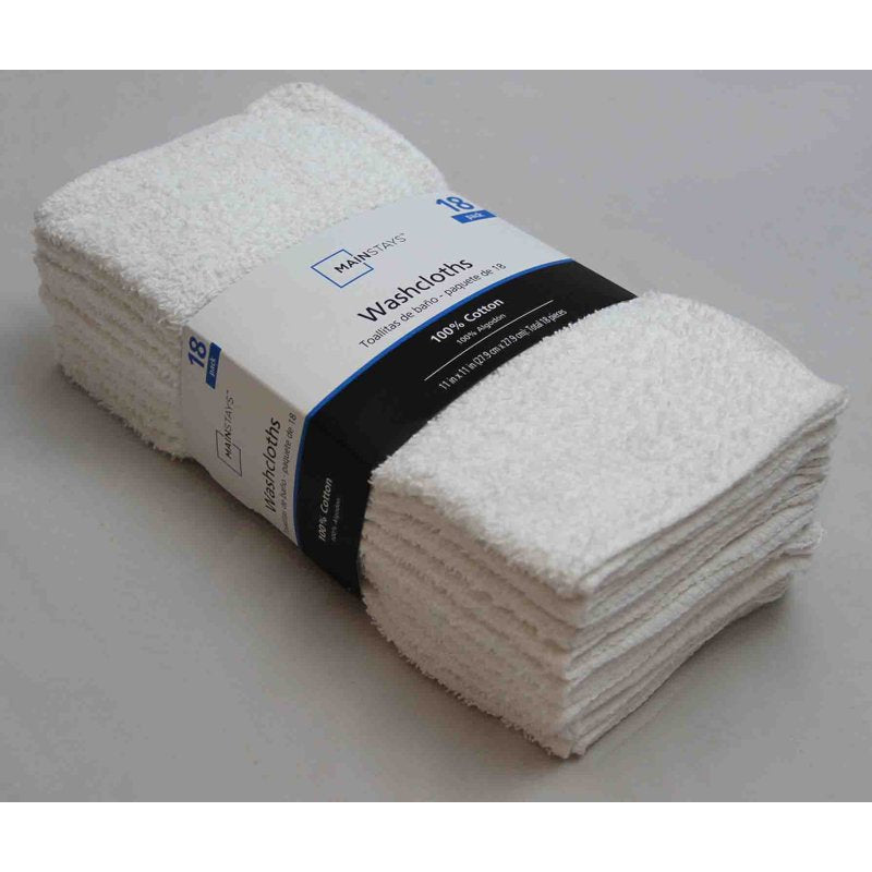 (2 Pack) Mainstays White Washcloths - 18 11x11 Cotton Face & Body Cloths with Quick-Dry