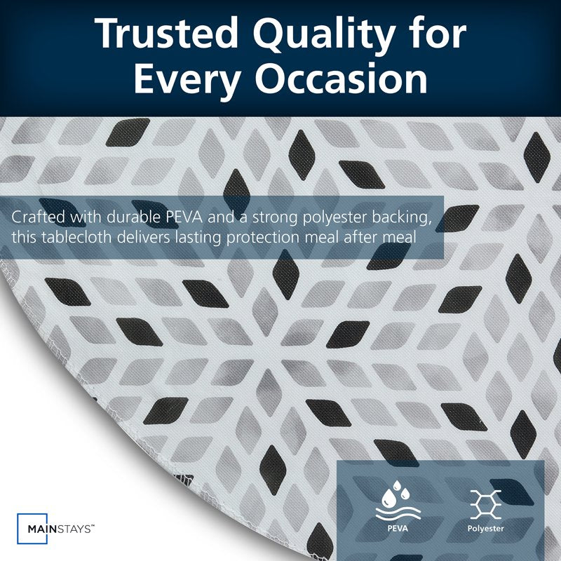 PEVA Tablecloth - 70 Inch Round, Black White Geometry