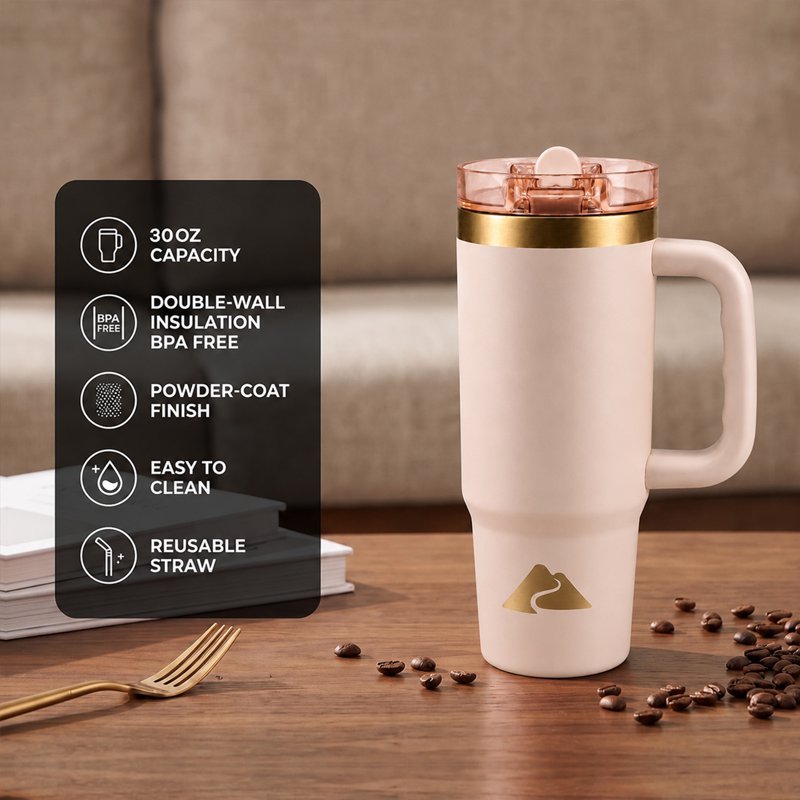 30 oz Insulated Travel Tumbler with Handle - Frosted Peach