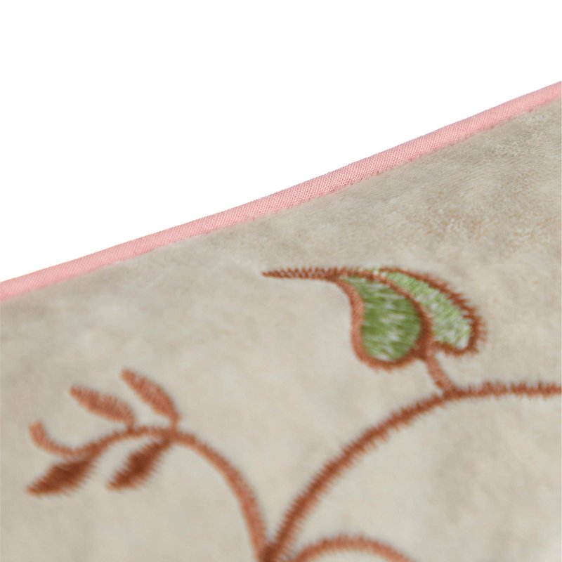 Velvet Lumbar Pillow with Embroidered Floral Design - Beige 14x24 Inches