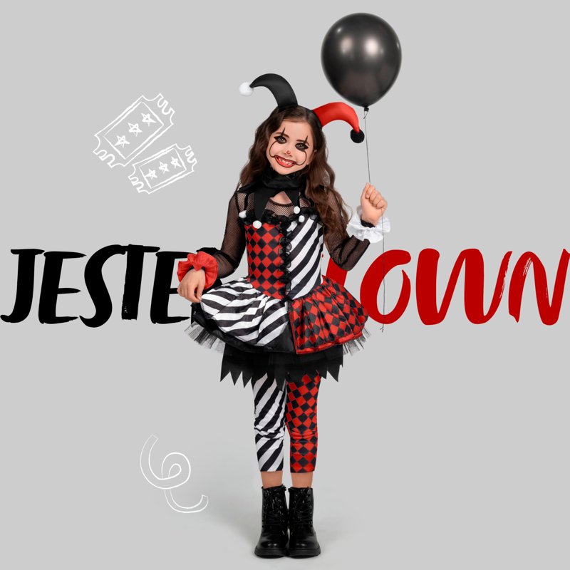 Girls Clown Costume Halloween Jester Dress for Girls - Black & Red, Size S (5-7 yrs)