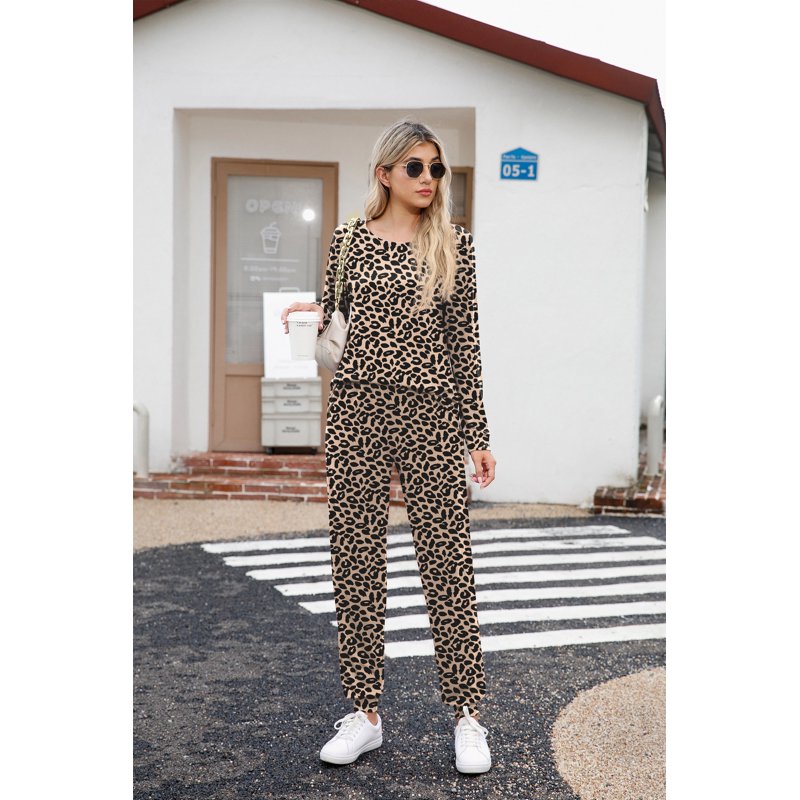 Leopard Khaki Womens Pajama Set Long Sleeve Sleepwear with Pockets - L