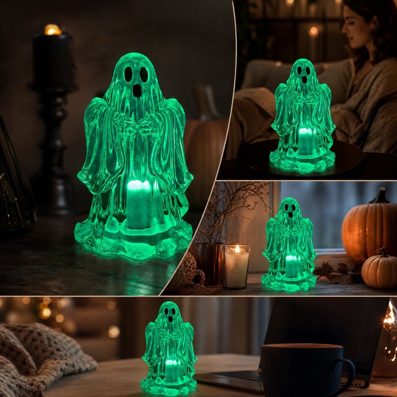 Halloween Green Ghost LED Lamp - Transparent Resin Table Decor - Variation #310White