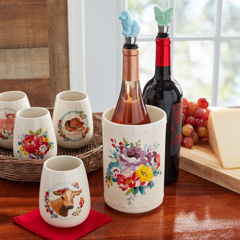 Sweet Rose 7-Piece Stoneware Wine Glass Set with Chiller