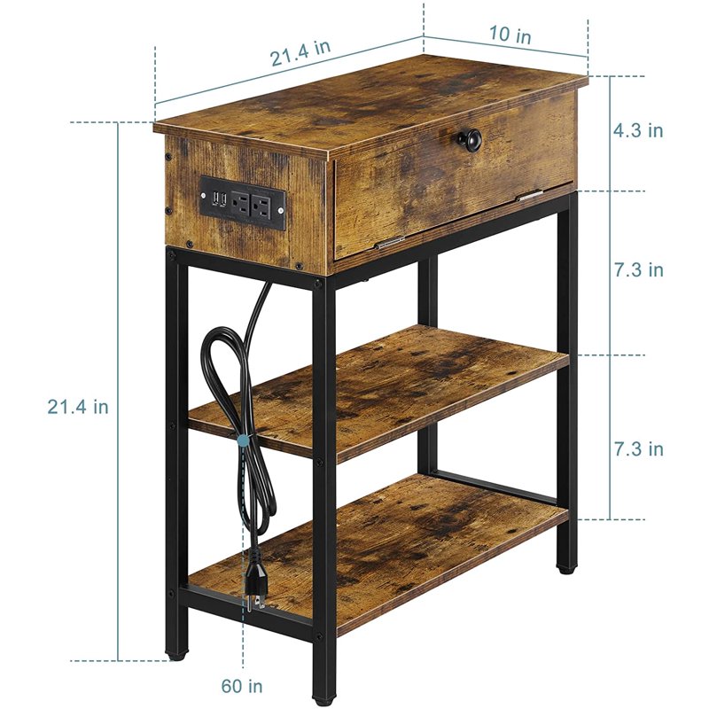 End Table with Charging Station and Drawer - Brown