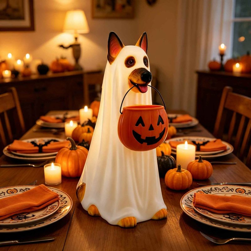 Halloween Ghost Dog Pumpkin Candy Bucket Light Up - Variation #028