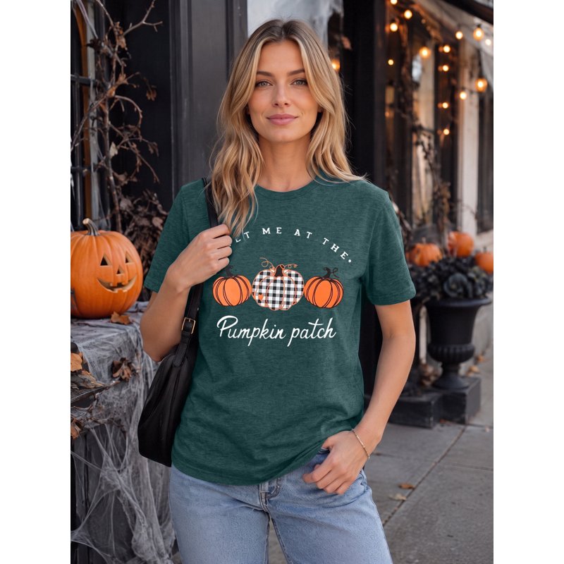 Women Halloween Pumpkin Plaid Graphic T-Shirt - Dark Green, XL