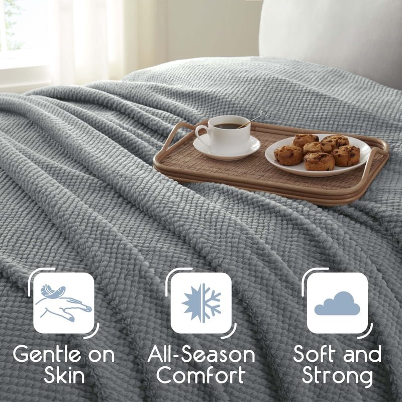 Queen Plush Texture Blanket - Ultra Soft Lightweight All-Season Throw - Grey - Charcoal Variation