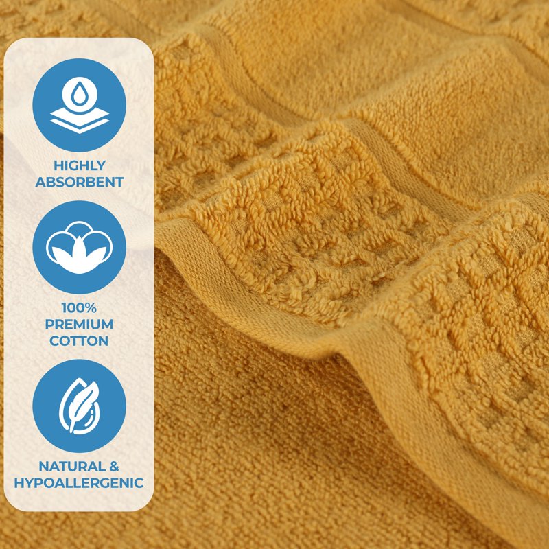 Yellow Gold Cotton Towel Set - 8 Piece Ultra Soft Quick Dry Towels with Waffle Border