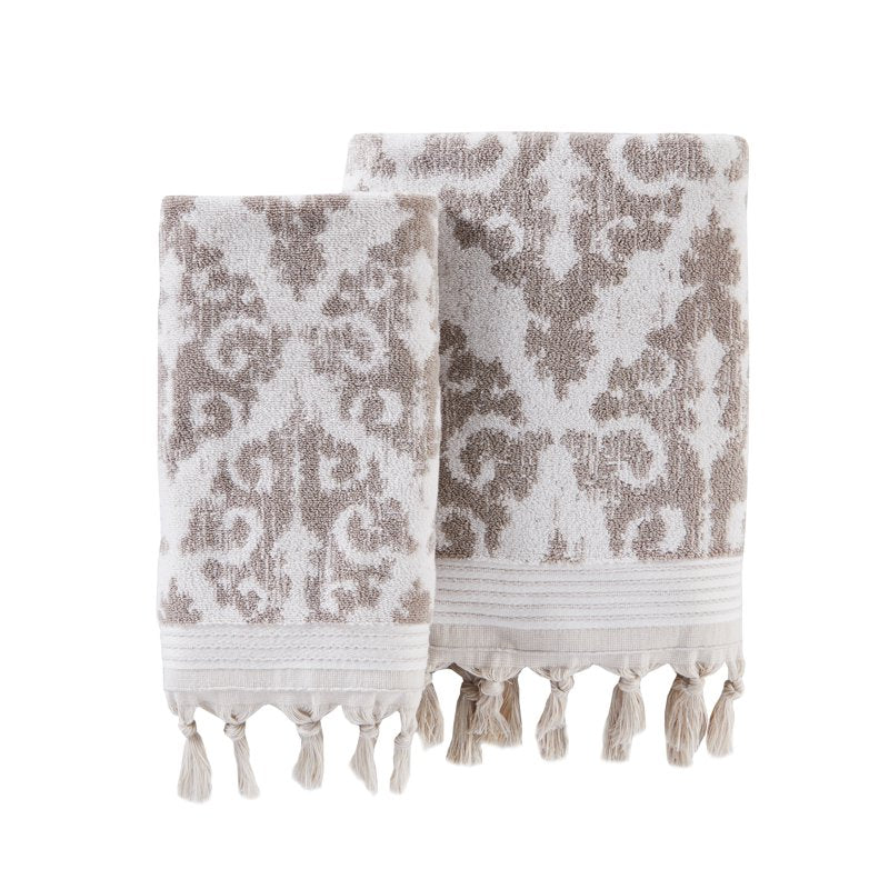 Mirage Fringe Hand Towel 2-Pack - Taupe, 16 x 26 Inches | Reversible Jacquard Design