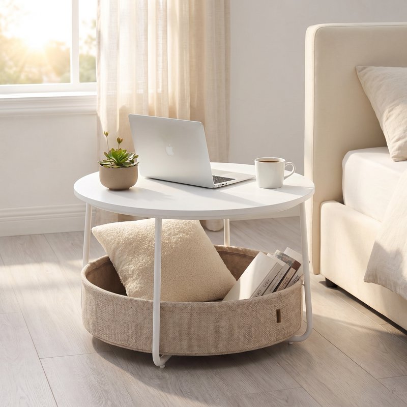 Modern Round Coffee Table with Fabric Storage Basket - White