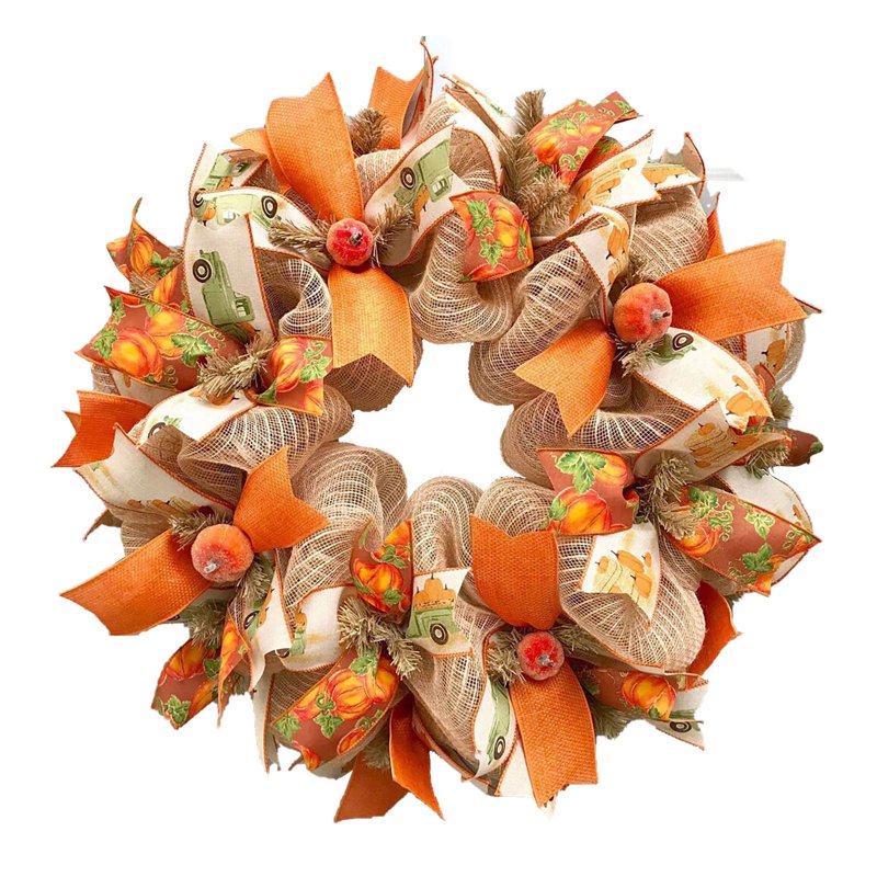 Autumn Pumpkin Wreath for Front Door Fall Decor - 18 Inch Farmhouse Wreath with Bows and Berries - Variation C