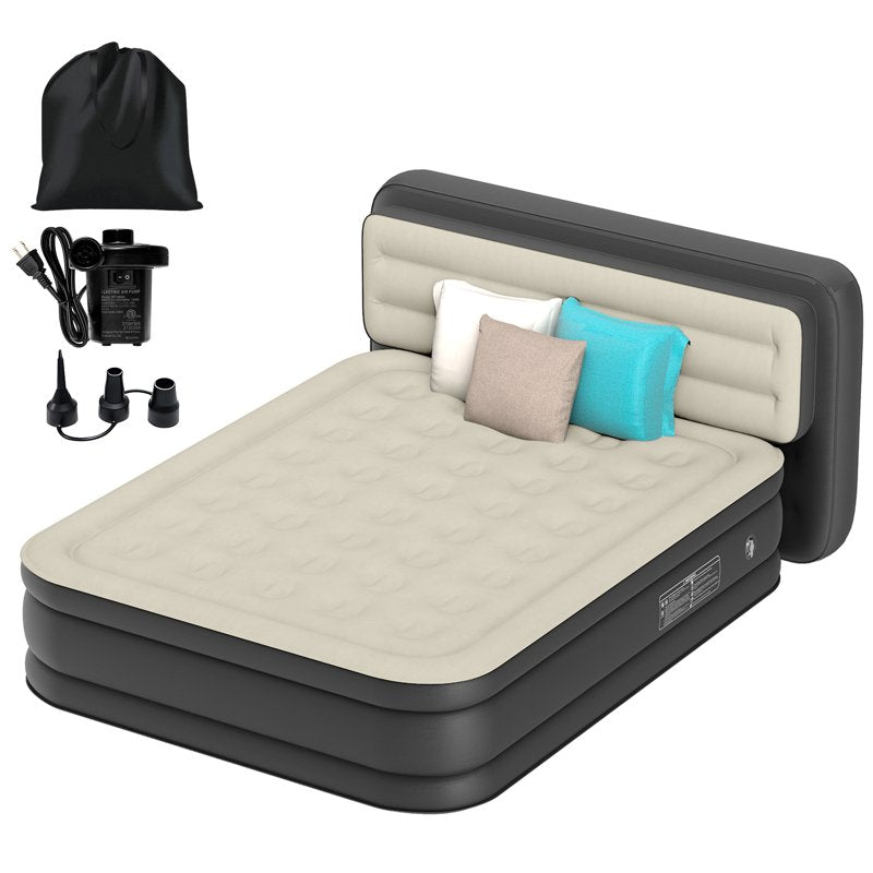Gray Queen Size Air Mattress with Built-In Headboard & Pump - 18in Deluxe Flocked Top