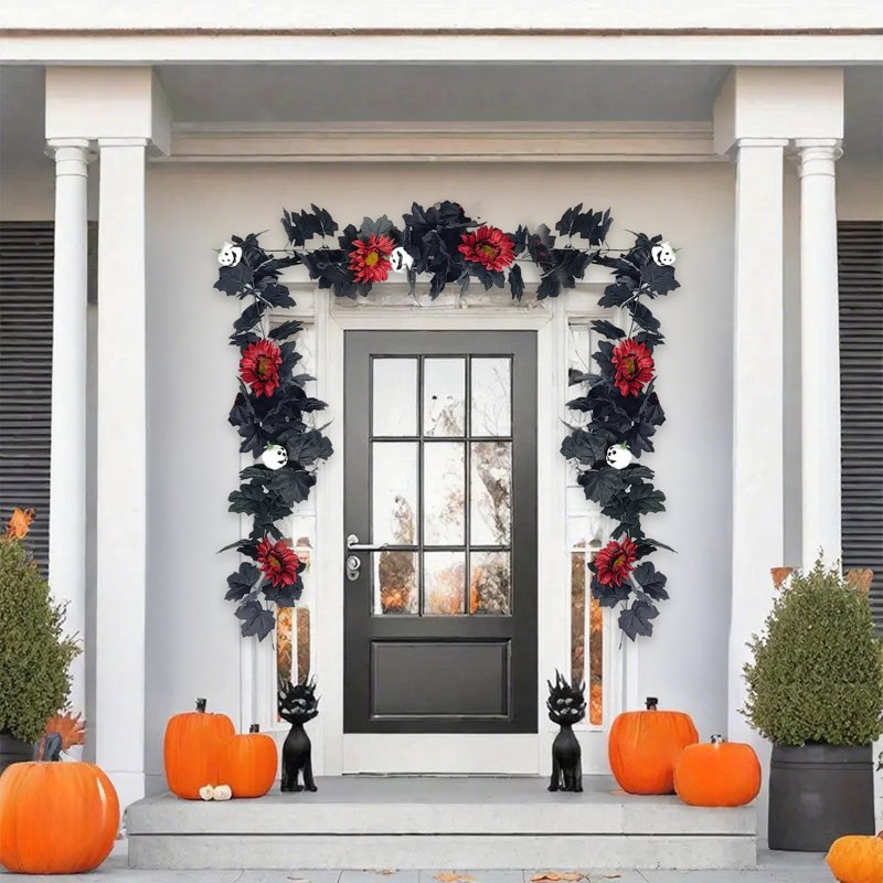 Halloween Garland Decor with Black Wreath - 68.9in Seasonal Wall Decor - Variation B