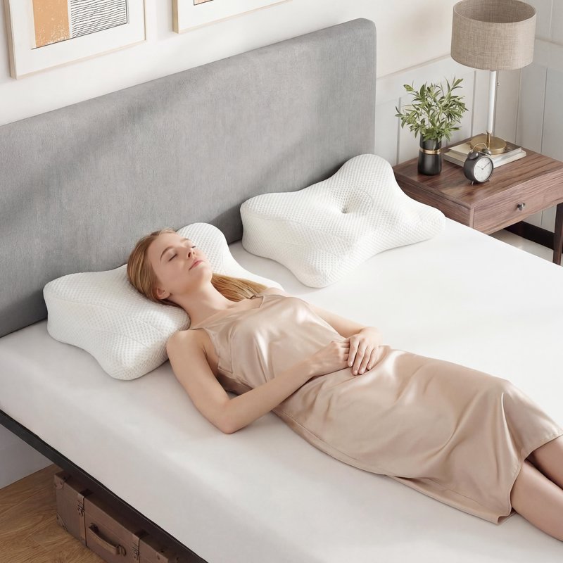 King Size Contour Memory Foam Pillow Set - Effective Neck Pain Relief & Cooling Support, 2 Pack, White