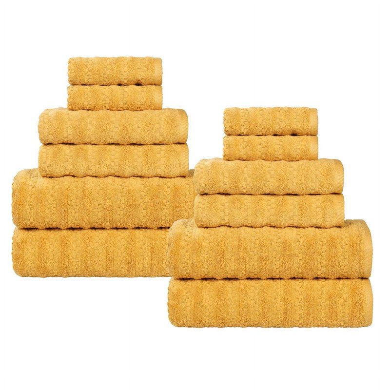 Gold 12-Piece Cotton Towel Set - Superior Zuma Waffle Textured Absorbent Towels