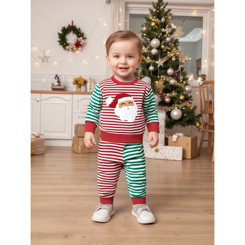 Toddler Baby Fall Striped Clothes Set 6-12 Months Santa Embroidery Long Sleeve Pullover Bow Pants 2 Pcs Style 16