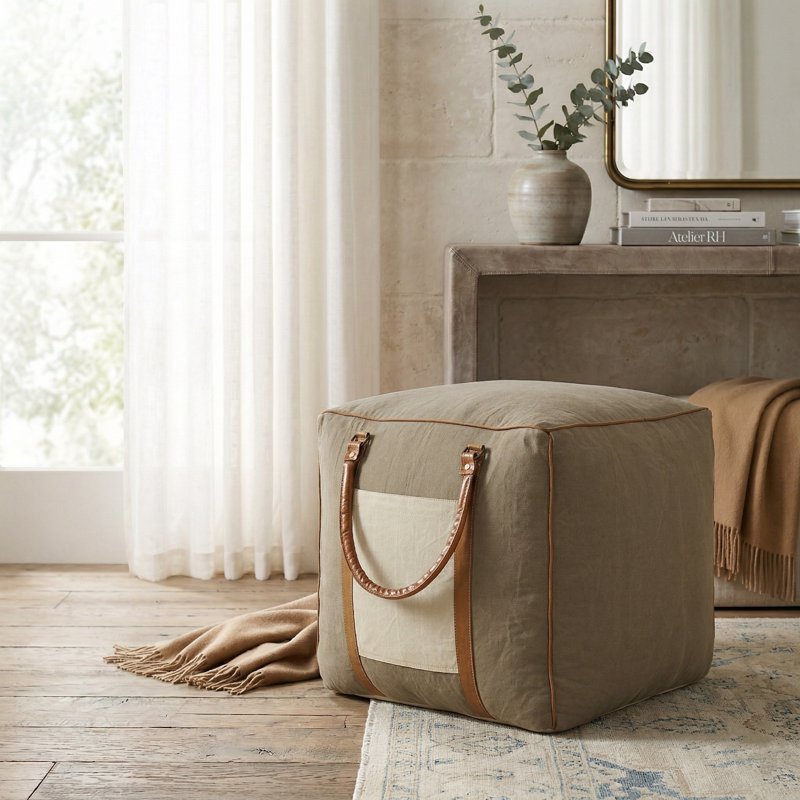 Lr Home Medium Taupe Bordered Indoor Square Pouf - 20x20x20 Inch