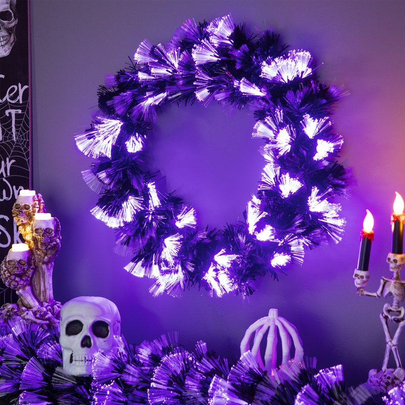 24-Inch Black Halloween Wreath with Orange and Purple LED Fiber Optic Lights