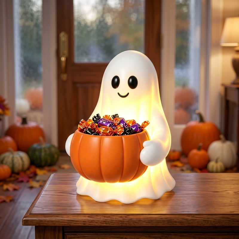 Halloween Ghost Pumpkin Candy Bowl Light Up Spooky Decor - Variation #019