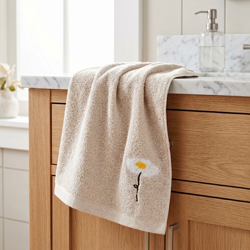 Cotton Hand Towels Set - Floral Embroidered, Soft & Absorbent, 4 Pieces Light Brown (13x30 Inch)