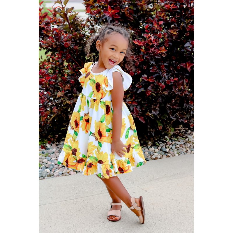 Girls Marigold & Cream Sunflower Dress and Matching Shorts Set - Size 4 - Angel Sleeve