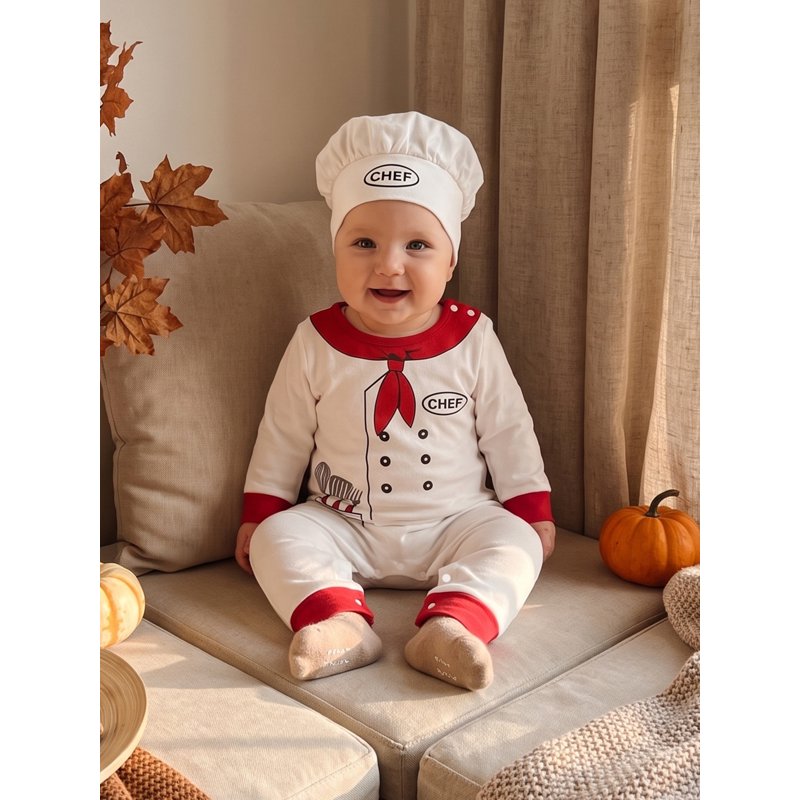 Toddler Baby Chef Costume Set 3-6 Months Long Sleeve Romper & Hat - White