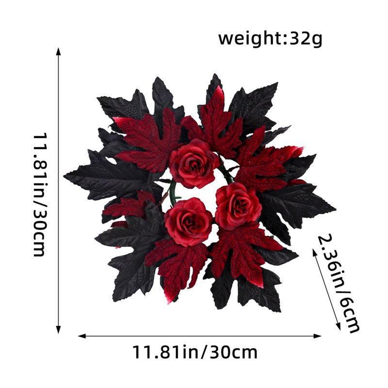 Halloween Wreath with Maple Leaves & Roses - Outdoor Indoor Fall Decor - Variation B