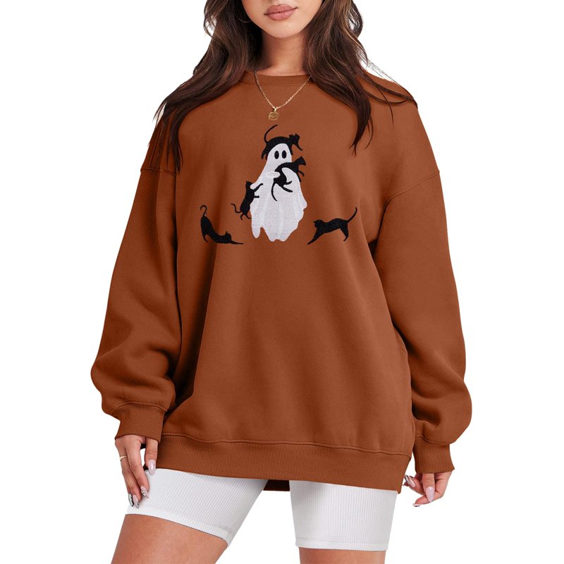 Brown Halloween Spooky Season Sweatshirt for Women - Oversized Black Cat Ghost Pullover